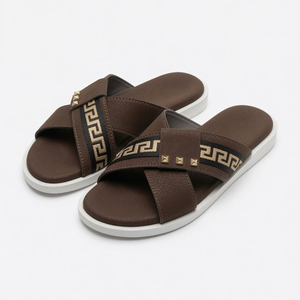 Mens Premium Brown Cross Strap Fashion Slide Sandals